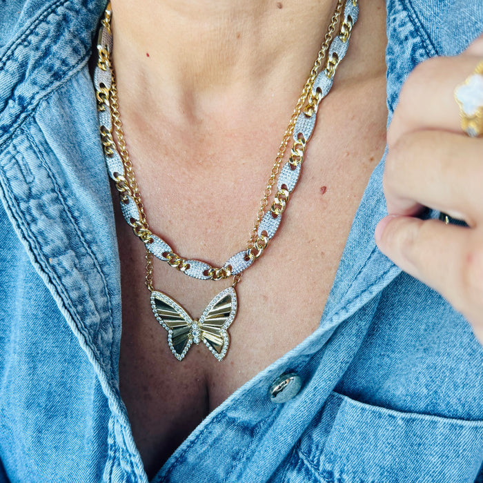 Dainty gold layered necklace, wholesale jewelry for women's boutiques, statement accessory, boutique wholesale jewelry, waterproof necklace, hypoallergenic jewelry, tarnish-free gold necklace, trendy gold jewelry, two-tone gold and silver chain necklace with pavé crystal links