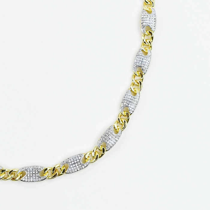 Dainty gold layered necklace, wholesale jewelry for women's boutiques, statement accessory, boutique wholesale jewelry, waterproof necklace, hypoallergenic jewelry, tarnish-free gold necklace, trendy gold jewelry, two-tone gold and silver chain necklace with pavé crystal links