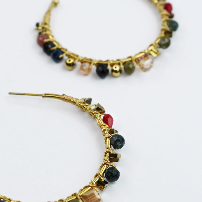 Colorful handcrafted gemstone earrings featuring multicolored beads on 24k gold dainty hoop earrings, waterproof earrings, tarnish free jewelry, hypoallergenic earrings for sensitive skin, gold hoop earrings, boutique wholesale earrings, trendy gold jewelry, high quality jewelry gifts