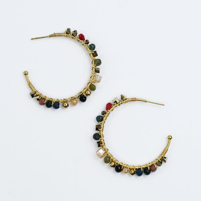 Colorful handcrafted gemstone earrings featuring multicolored beads on 24k gold dainty hoop earrings, waterproof earrings, tarnish free jewelry, hypoallergenic earrings for sensitive skin, gold hoop earrings, boutique wholesale earrings, trendy gold jewelry, high quality jewelry gifts