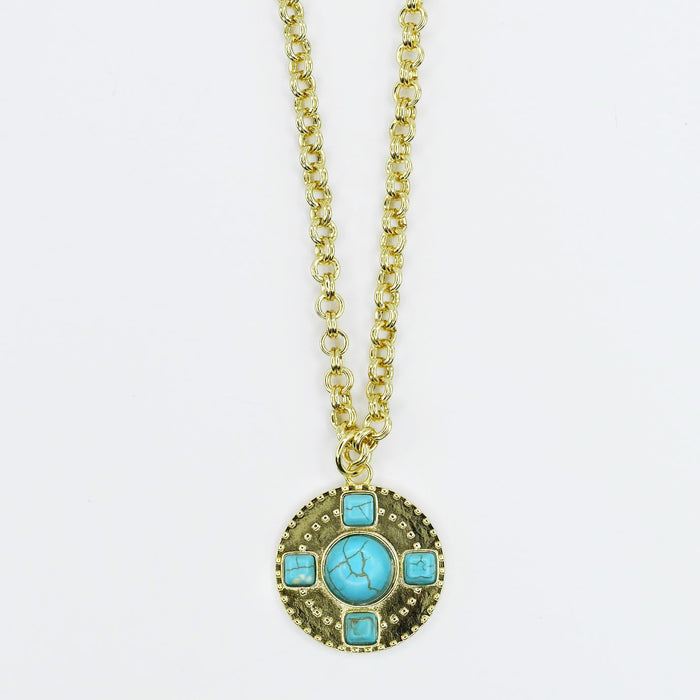 Gold chain necklace with round turquoise stone pendant, boutique wholesale jewelry for women, boho statement accessory, waterproof and hypoallergenic necklace, tarnish-free gold chain, trendy turquoise pendant jewelry for stylish women’s boutiques