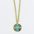 Gold chain necklace with round turquoise stone pendant, boutique wholesale jewelry for women, boho statement accessory, waterproof and hypoallergenic necklace, tarnish-free gold chain, trendy turquoise pendant jewelry for stylish women’s boutiques