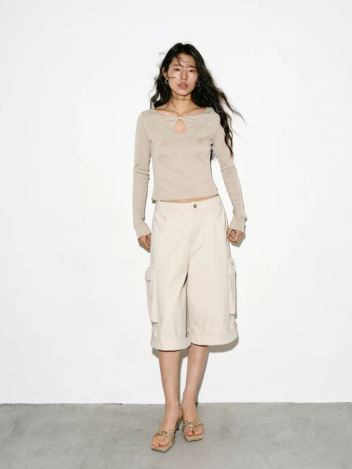 Beige Wide-Leg Cargo Shorts