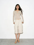 Beige Wide-Leg Cargo Shorts