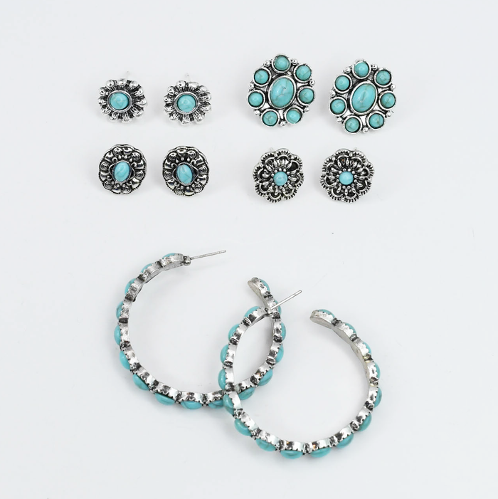 waterproof hypoallergenic silver earrings, tarnish free silver jewelry, dainty silver earrings, silver hoop earrings, handcrafted gemstone silver earrings, boutique wholesale earrings, everyday silver jewelry, high-quality silver earrings,turquoise  silver earrings set