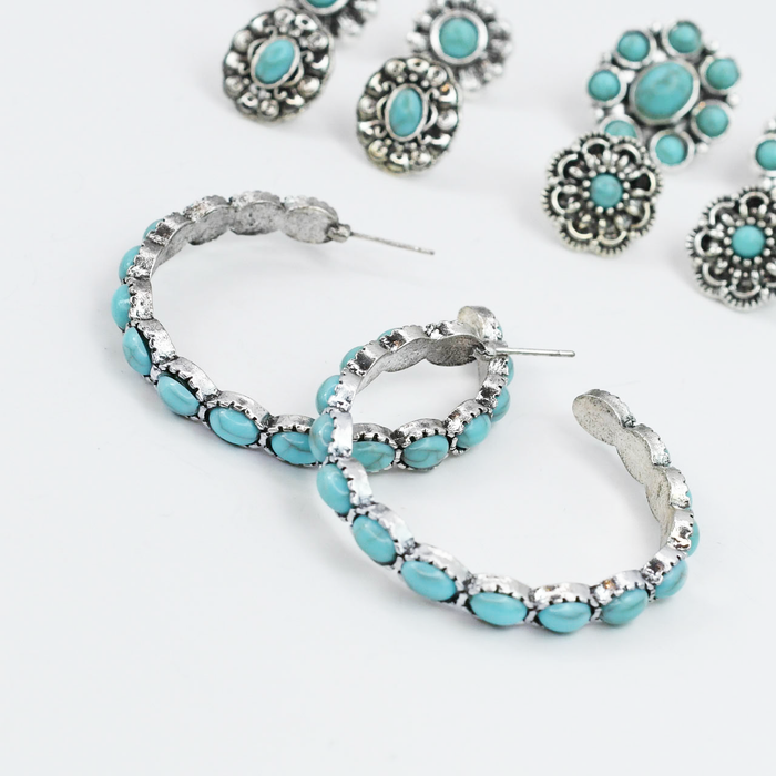 waterproof hypoallergenic silver earrings, tarnish free silver jewelry, dainty silver earrings, silver hoop earrings, handcrafted gemstone silver earrings, boutique wholesale earrings, everyday silver jewelry, high-quality silver earrings,turquoise silver earrings set