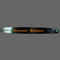 A Cannon Superbar chainsaw bar, featuring a black body with orange branding and a silver-colored front section, displayed horizontally against a solid gray background.