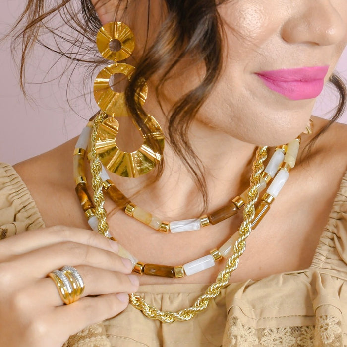 Colorful charms gold necklace featuring gemstone details, layered jewelry design, trendy accessory for women’s jewelry collections, boutique wholesale fashion necklace that is hypoallergenic, tarnish free, and waterproof jewelry with a cute aesthetic statement style