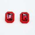 red rectangular stud earrings with a bold red matte frame and faceted gemstone center, waterproof earrings, tarnish free jewelry, hypoallergenic earrings for sensitive skin, 24k gold dainty earrings, handcrafted gemstone earrings, gold hoop earrings, boutique wholesale earrings, trendy gold jewelry, high quality jewelry gifts
