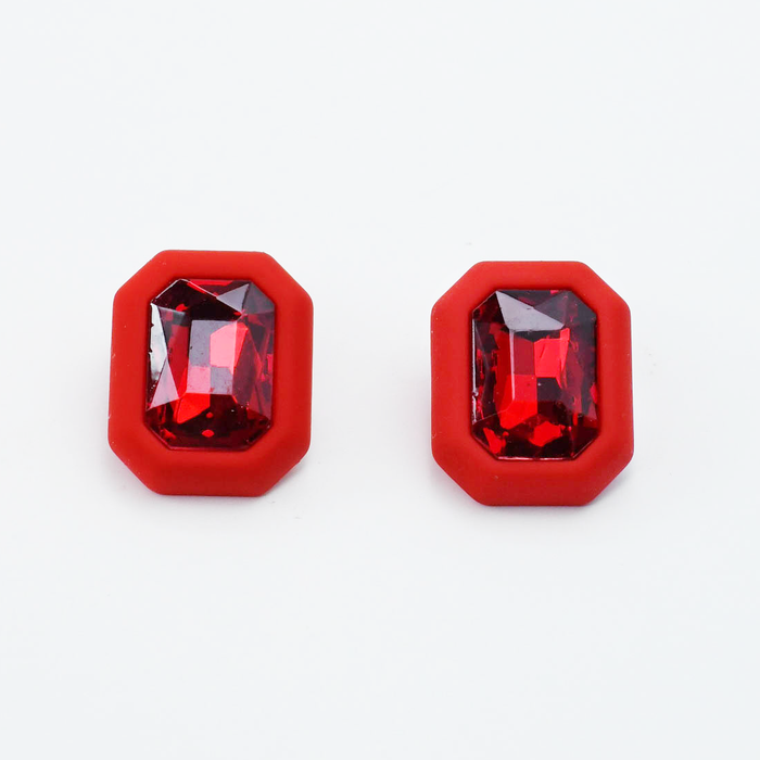 red rectangular stud earrings with a bold red matte frame and faceted gemstone center, waterproof earrings, tarnish free jewelry, hypoallergenic earrings for sensitive skin, 24k gold dainty earrings, handcrafted gemstone earrings, gold hoop earrings, boutique wholesale earrings, trendy gold jewelry, high quality jewelry gifts