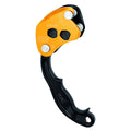 An orange and black climbing rope protector or belayer component with silver metal pins, shown on a plain white background.