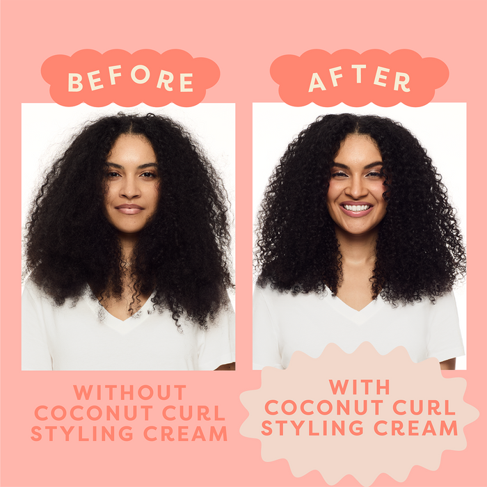 Before and after comparison of a woman's hair with and without coconut curl styling cream on a pink background.