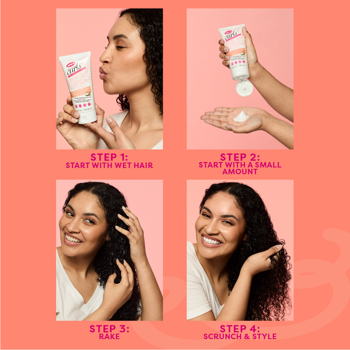 Step-by-step guide on using a hair product with a woman demonstrating each step on a pink background.