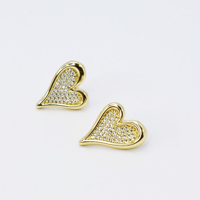 gold heart stud earrings, dainty cubic zirconia design, shiny gold finish, trendy boutique jewelry, waterproof, hypoallergenic, tarnish free, wholesale earrings for boutique