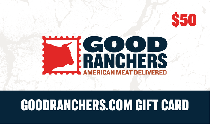 The Digital Gift Card for Good Ranchers displays a cream cow head inside a stamp outline next to the bold words GOOD RANCHERS