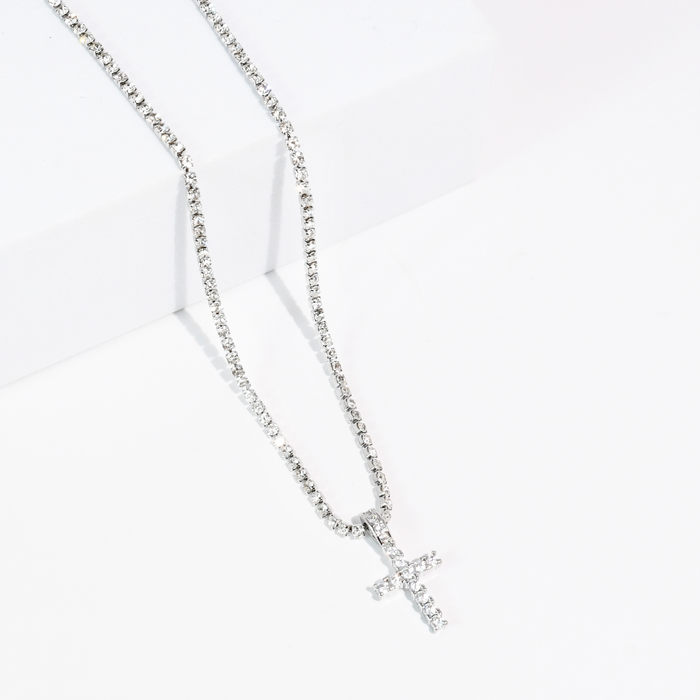 Divine Crystal Cross Silver Necklace