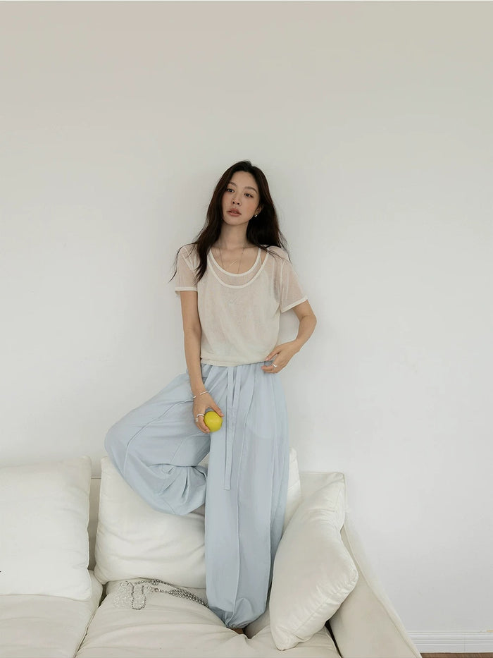 Faux Two-Piece U-Neck Short-Sleeve Knit Top