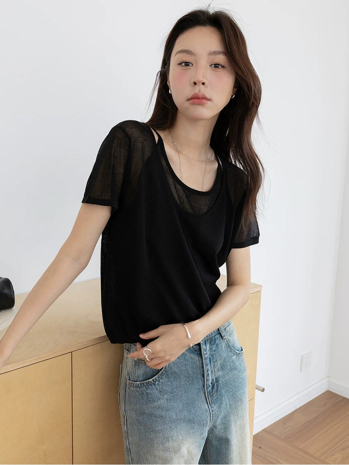 Faux Two-Piece U-Neck Short-Sleeve Knit Top