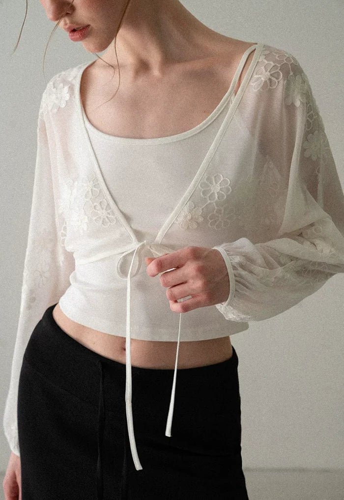 Floral Embroidered Chiffon Cardigan Cami Two-Piece Set