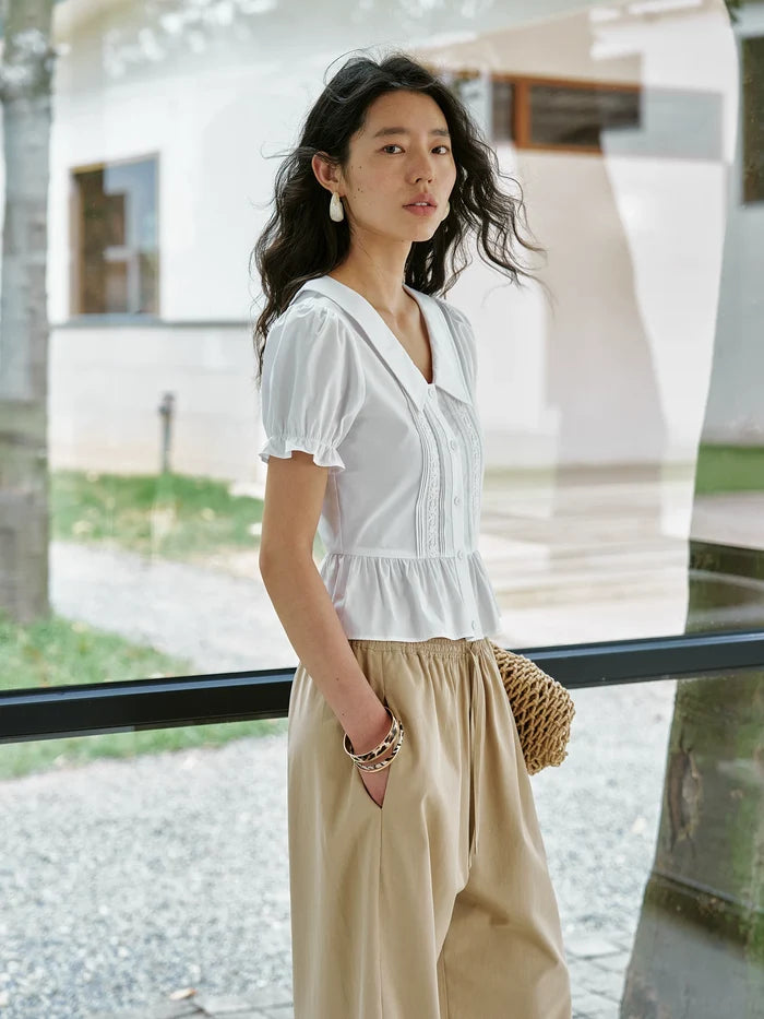 French Polo-Collar Puff-Sleeve Shirt