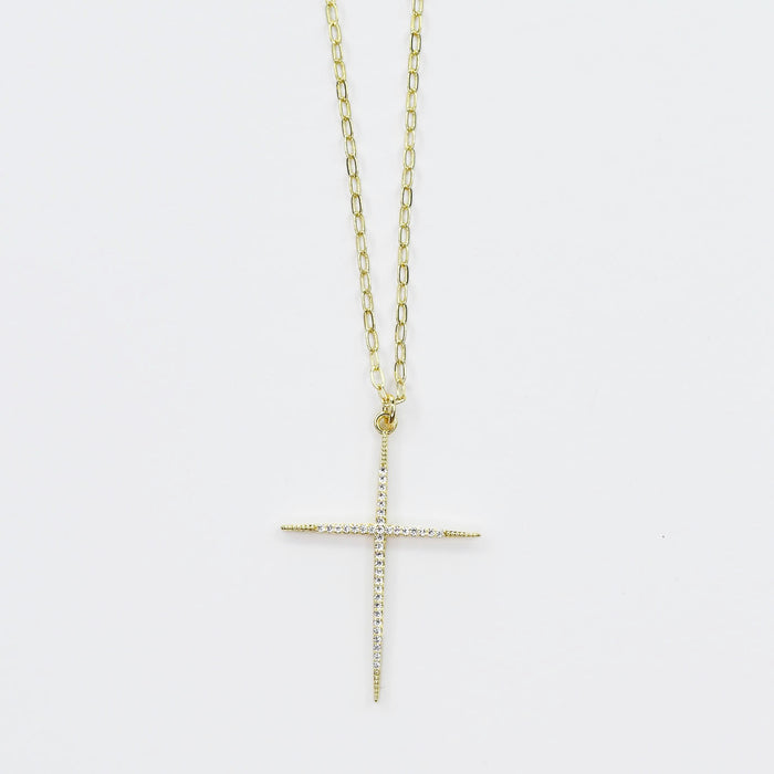Gold cross pendant necklace, minimalist cubic zirconia cross charm, dainty gold chain necklace, elegant religious jewelry, everyday faith accessory, waterproof tarnish-free necklace for women