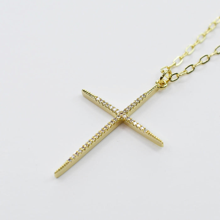 Gold cross pendant necklace, minimalist cubic zirconia cross charm, dainty gold chain necklace, elegant religious jewelry, everyday faith accessory, waterproof tarnish-free necklace for women