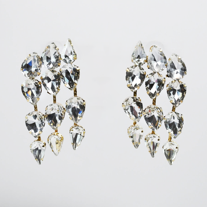 Crystal chandelier earrings with cascading clear teardrop stones set in gold, waterproof earrings, tarnish free jewelry, hypoallergenic earrings for sensitive skin, 24k gold dainty earrings, handcrafted gemstone earrings, gold hoop earrings, boutique wholesale earrings, trendy gold jewelry, high quality jewelry gifts
