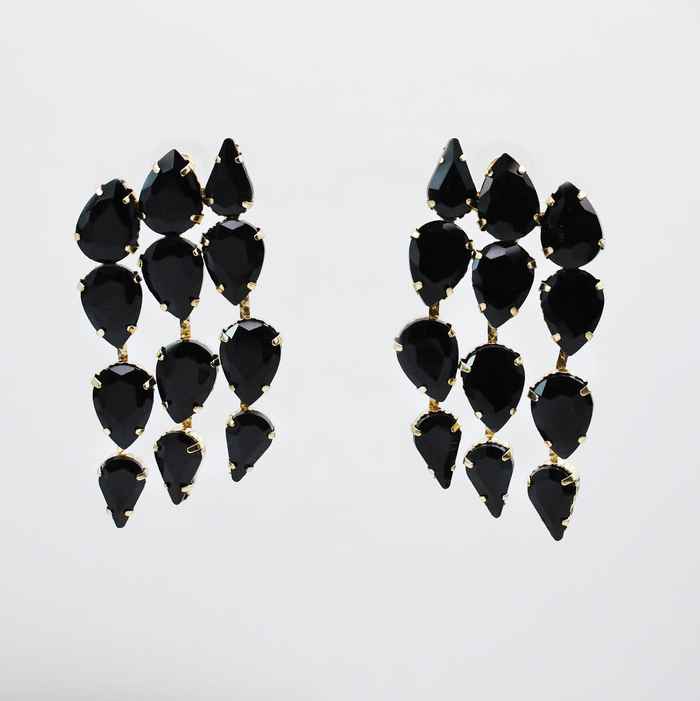 Black gemstone chandelier earrings with cascading teardrop stones set in gold, waterproof earrings, tarnish free jewelry, hypoallergenic earrings for sensitive skin, 24k gold dainty earrings, handcrafted gemstone earrings, gold hoop earrings, boutique wholesale earrings, trendy gold jewelry, high quality jewelry gifts