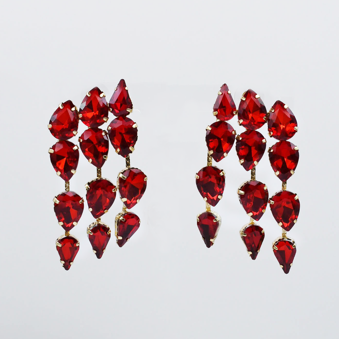 Red gemstone chandelier earrings with cascading teardrop stones set in gold, waterproof earrings, tarnish free jewelry, hypoallergenic earrings for sensitive skin, 24k gold dainty earrings, handcrafted gemstone earrings, gold hoop earrings, boutique wholesale earrings, trendy gold jewelry, high quality jewelry gifts