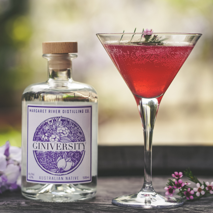 Giniversity Australian Native 500ml bottle next to a Cosmopolitan cocktail