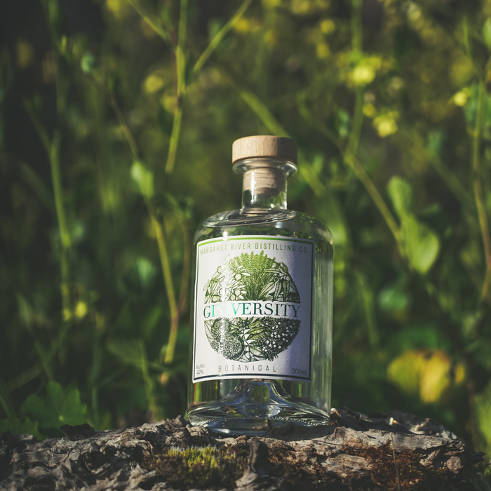 Giniversity Botanical Gin 500ml bottle on a log with a green background