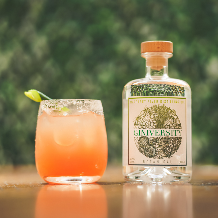 Giniversity Botanical Gin 500ml bottle next to a Salty Dog cocktail