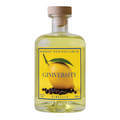 Bottle of Giniversity Gincello with a lemon and peppercorn on the label against a white background