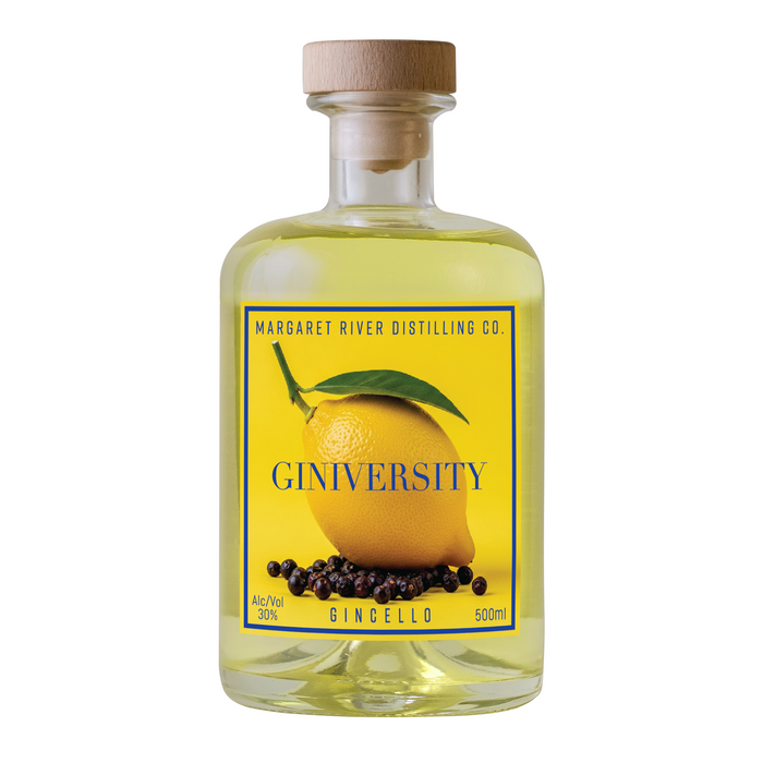Bottle of Giniversity Gincello with a lemon and peppercorn on the label against a white background