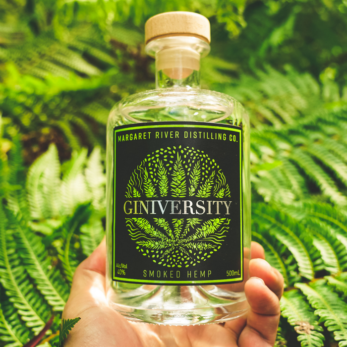 Hand holing a Giniversity Smoked Hemp 500ml bottle with ferns in the background