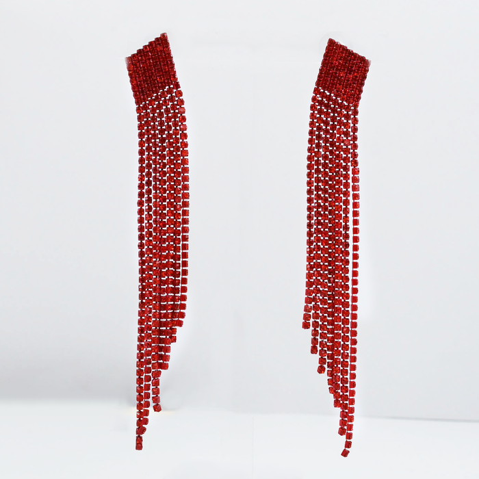 Long red rhinestone fringe earrings with cascading strands for a bold statement look, waterproof earrings, tarnish free jewelry, hypoallergenic earrings for sensitive skin, 24k gold dainty earrings, handcrafted gemstone earrings, gold hoop earrings, boutique wholesale earrings, trendy gold jewelry, high quality jewelry gifts