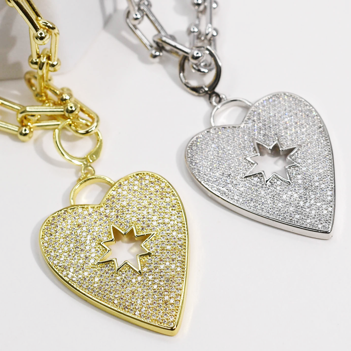 Dainty gold necklace with sparkly heart pendant and star cutout, waterproof tarnish-free hypoallergenic jewelry, trendy statement accessory for women’s boutiques, wholesale jewelry