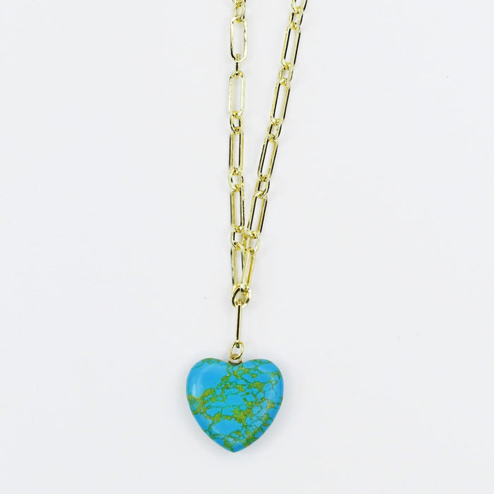 Gold necklace with turquoise heart pendant, natural turquoise stone charm, elongated link gold chain, trendy boutique jewelry, waterproof gold necklace, hypoallergenic and tarnish-free jewelry, wholesale jewelry for women’s boutiques