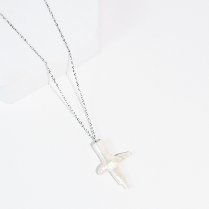 Heavenly Pearl Cross Necklace Silver