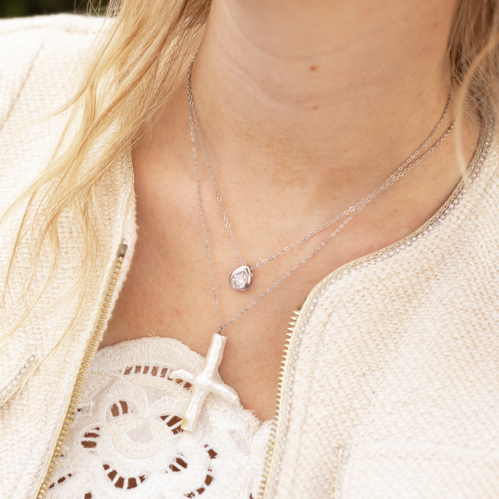 Heavenly Pearl Cross Necklace Silver