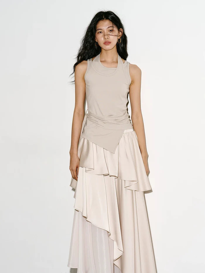 High-Stretch Faux Two-Piece Halter Top