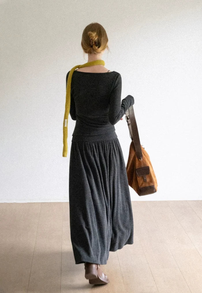 High-Waist Long Skirt Dark Grey