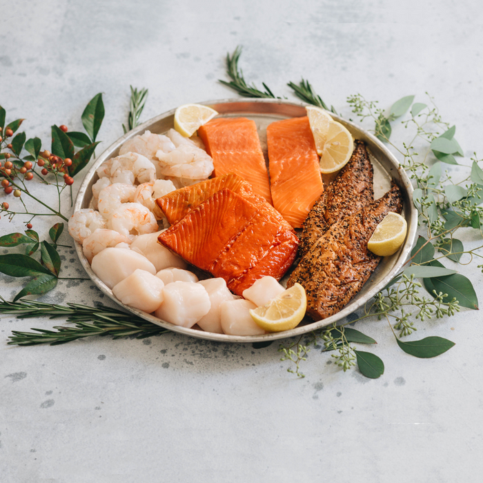 Shrimp Scallops Mackerel and Salmon