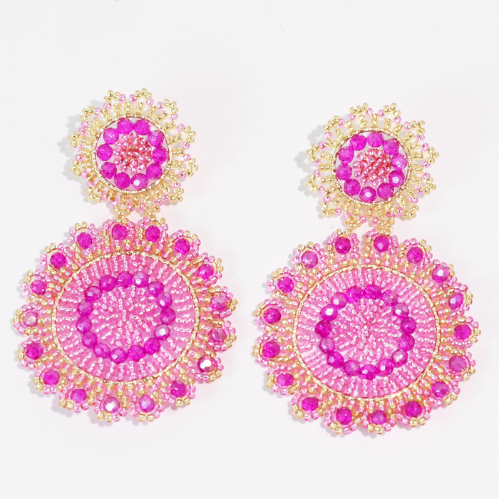 Hot Pink Bloom Beaded Earrings