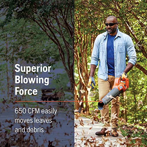 Man using a Husqvarna230ib leaf blower with text about superior blowing force and CFM