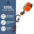 Husqvarna 320iL string trimmer with features listed on a blue and white background
