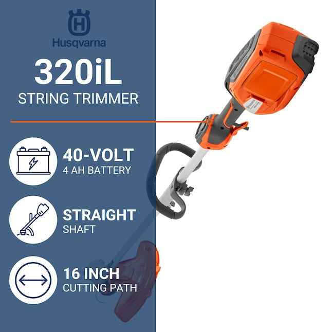 Husqvarna 320iL string trimmer with features listed on a blue and white background
