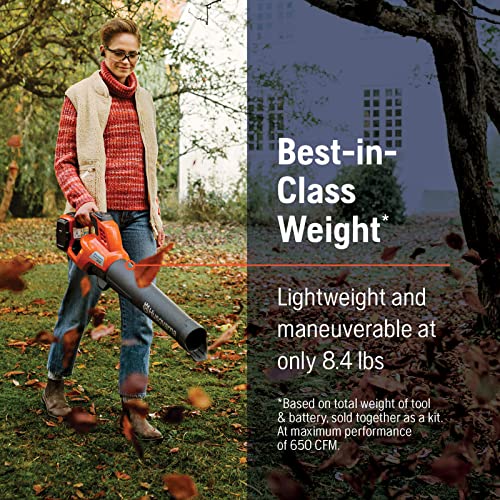 Person using a Husqvarna leaf blower in a park with text about tool weight