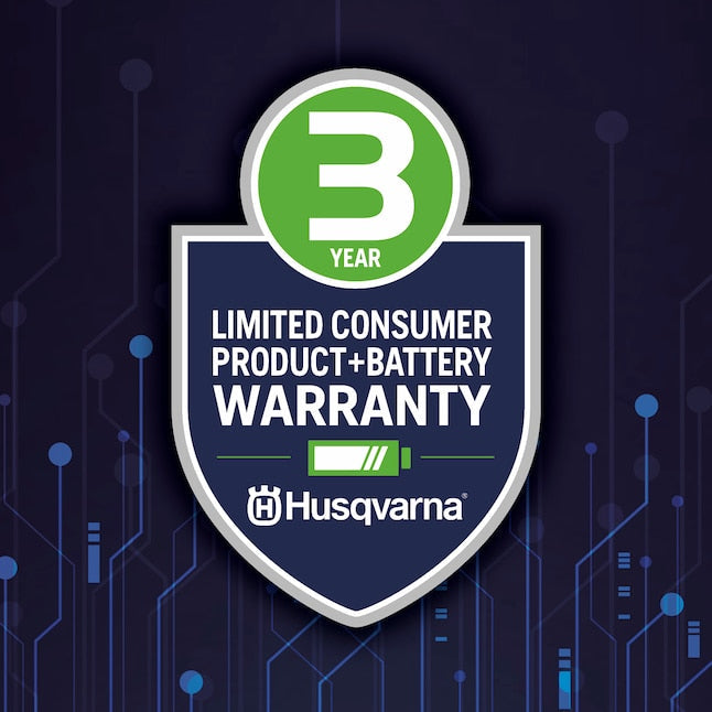 Husqvarna limited consumer product and battery warranty badge on a dark blue background with circuit board design.