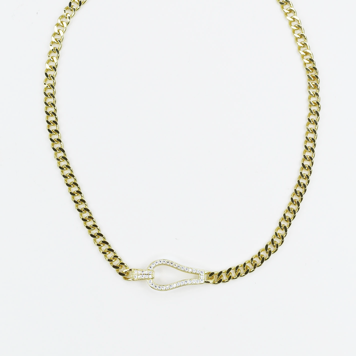 Gold chain necklace with crystal-studded hook-shaped pendant, wholesale jewelry for women's boutiques, trendy gold accessory, boutique wholesale jewelry, waterproof necklace, hypoallergenic jewelry, tarnish-free gold chain, minimalist statement necklace for everyday wear